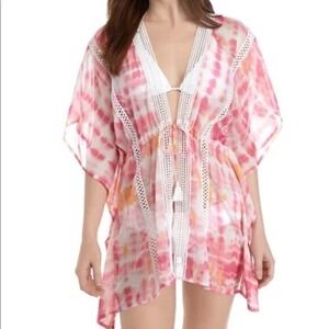 Steve Madden Swimsuit Cover Up Beach Tunic Top One Size Pink Lace Boho Sheer NEW